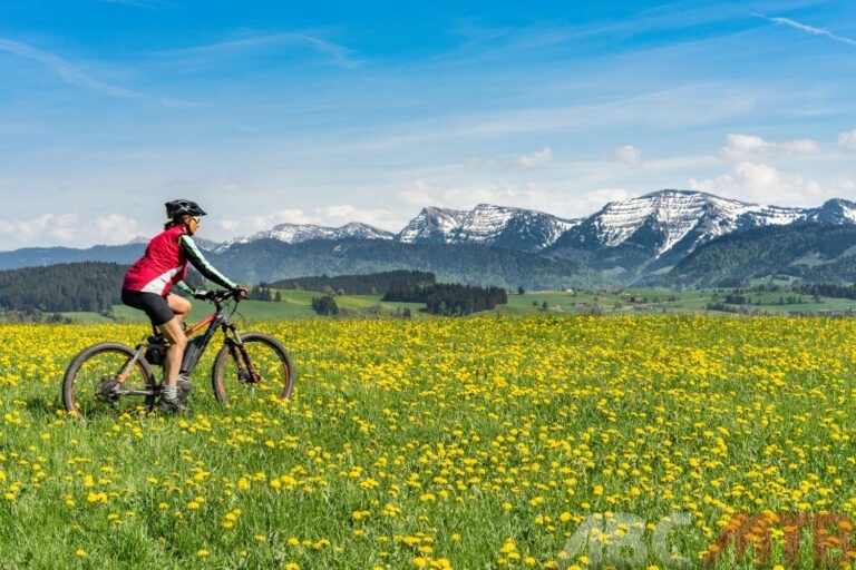 Donna pedala su una mtb in mezzo ad un campo di fiori in montagna